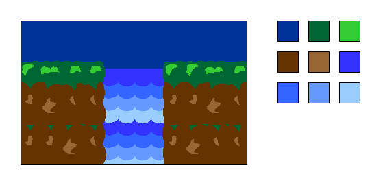 An image of a waterwall being animated via palette cycling